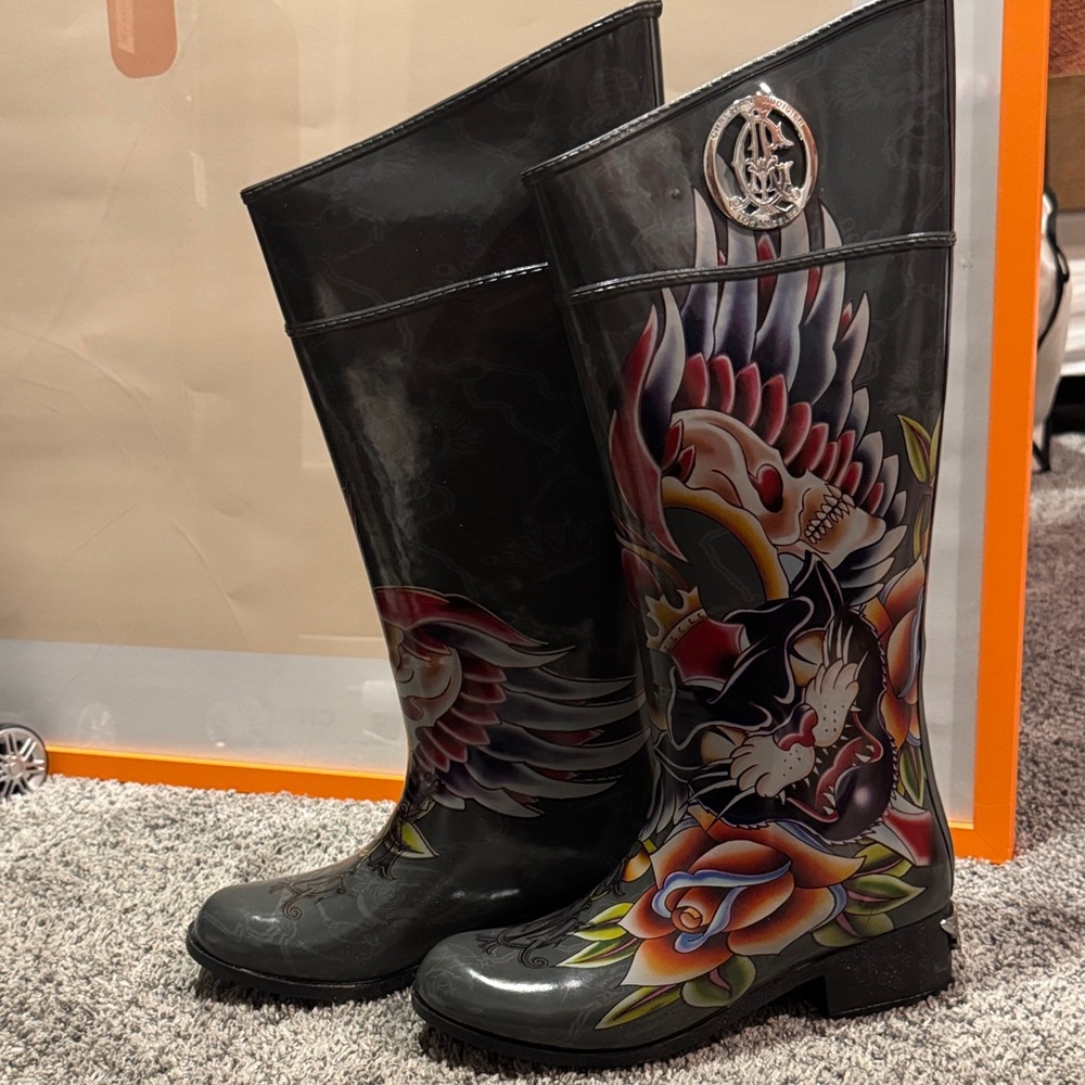 Christian Audigier Gray Rain Boots with Colorful Tattoo Design